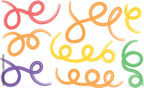 Abstract colorful bold curved lines Collection with loops isolated on white. Simple childish vector scribbles and squiggles. Hand drawn bold grunge wavy and swirled brush strokes. Creative trendy sty