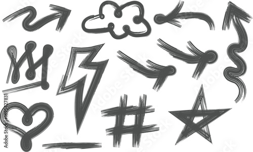 Urban graffiti spray paint brush element set collection. drips, splatters, and grunge texture. Set of arrow, cloud, skull, crown, star, lightning and heart. Graffiti icons with spray paint effect