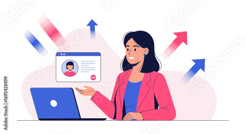 Businesswoman Presenting Online Profile with Growth Indicators, Conceptual Illustration