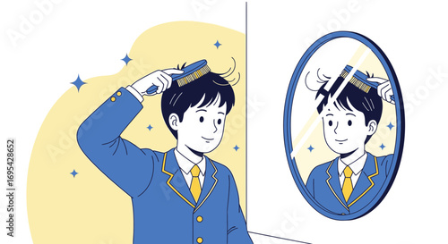 A Young Man Comb His Hair In Front Of A Mirror Getting Ready For The Day