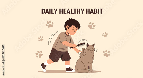 A Youngster Brushes A Cat With Care, Fostering Bond In A Daily Routine