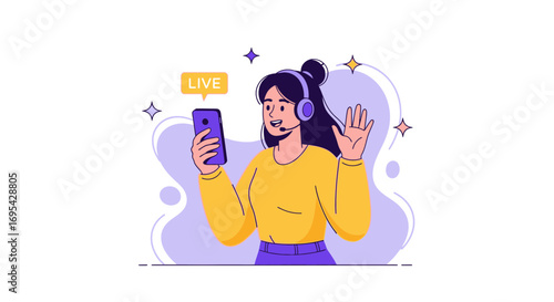 Cheerful Presenter Broadcasting Live Content Via Smartphone With Headset Illustration