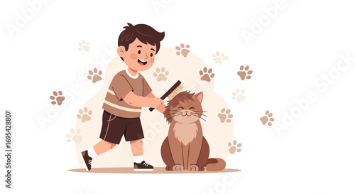 Boy Brushes Cat: A Heartwarming Illustration of Pet Grooming and Affection