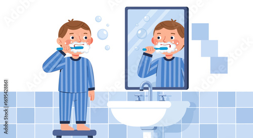 Boy Brushing Teeth In The Bathroom in The Morning, Daily Hygiene Routine, Healthy Habits