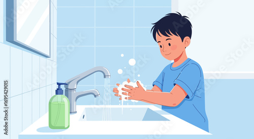 Boy Washing Hands with Soap and Water For Hygiene and Cleanliness During Pandemic