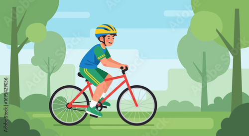 Cheerful Cyclist Enjoys Ride In Park, Wearing Helmet, Perfect For Outdoors Recreation