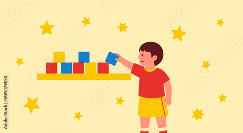 Cheerful Youngster Playing With Colorful Blocks Against a Starry Sky Background