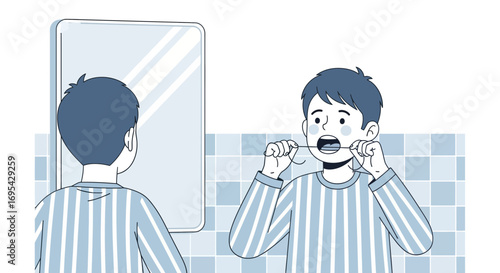 Daily Dental Hygiene Illustration: A Young Man Flossing Teeth and Maintaining Oral Health.