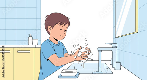 Daily Hygiene Practice: Child Lathering Hands with Soap and Water in a Bathroom Setting