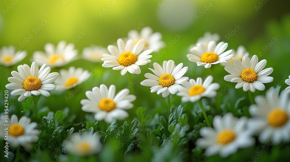 Fresh Daisy Flower Close-Up with White Petals and Yellow Centers on Green Bokeh Background for Natural Design and Commercial Use Fresh Daisy Flower Close-Up with White Petals and Yellow Centers on Green Bokeh Background for Natural Design and Commercial Use