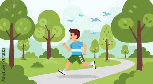 Energetic Young Runner Enjoying a Sunny Spring Day in Park Exercising Outdoors