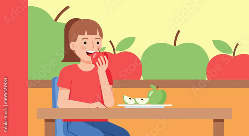 Girl Joyfully Enjoying An Apple While Seated, Healthy Food Delightfully Presented Visually