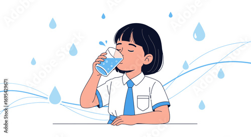 Girl Sipping Fresh Water, Representing Hydration and Healthcare, In An Artistic Illustration