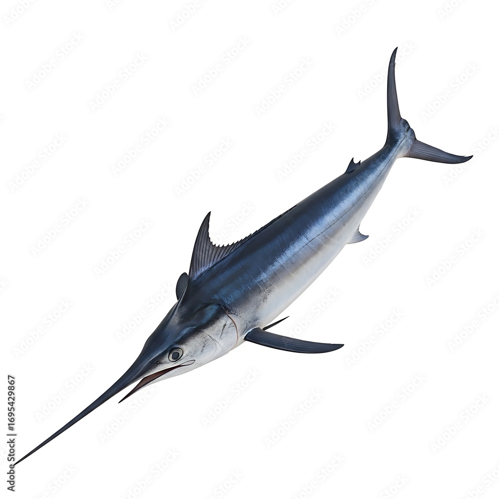 Fototapeta premium Realistic full body illustration of a magnificent swordfish, a large pelagic predator, isolated against a stark white background