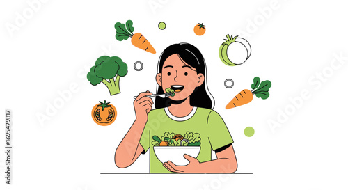 Happy Young Woman Eating Salad With Vegetables Demonstrating Healthy Eating Habits
