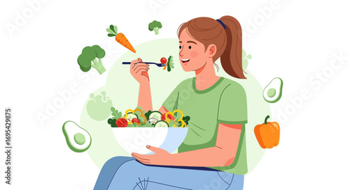Healthy Eating: A Vibrant Illustration Depicting a Woman Savouring a Fresh Salad Illustration