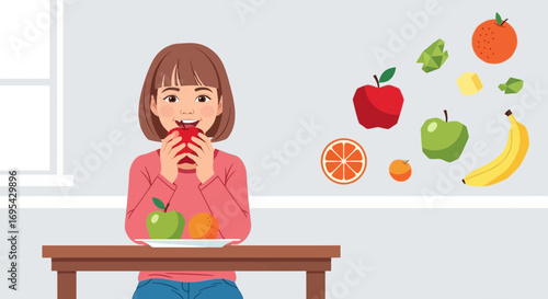 Healthy Eating: A Young Person Enjoying Fresh Fruit and Embracing Wellness, in Illustration Format