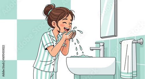 Joyful Woman Is Washing Her Face In Bathroom, Morning Routine, Hygiene, Skincare