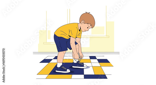 Kid Tying Shoelaces Before School Day, Simple Illustration Style, Colorful Design