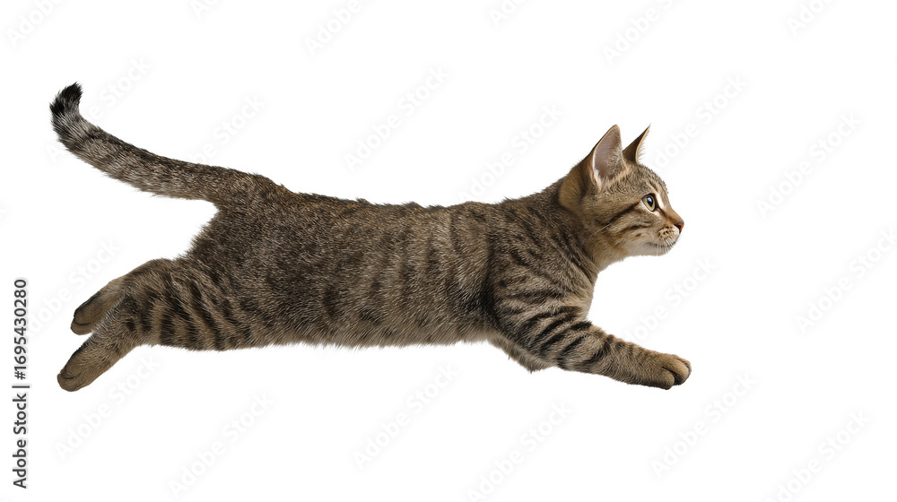 Fototapeta premium Cat chasing butterfly isolated on white background