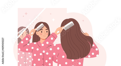 Morning Routine: A Young Woman Brushing Her Hair in Front of a Mirror
