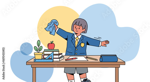 Schoolchild Wiping Table Vector Illustration Depicting Education and Cleanliness with Joy