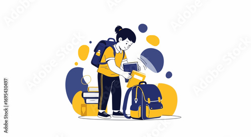 Student Preparing Backpacks, Ready For Learning And Studying With Books In Class