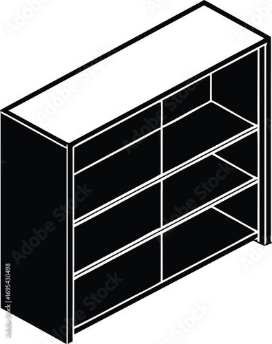 Minimalist black and white illustration of an empty, modern shelving unit