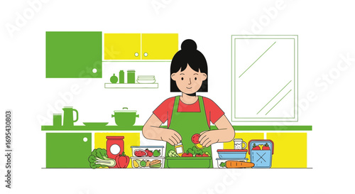 Woman Preparing Delicious Healthy Meal with Fresh Vegetables In Modern Kitchen
