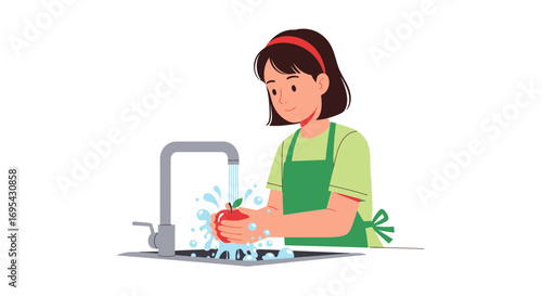 Woman Washing A Red Apple In A Sink Preparing Healthy Food For Consumption
