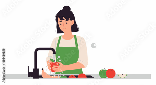 Woman Washing Apple In Kitchen Preparing Food, Cartoon Illustration Vector Design