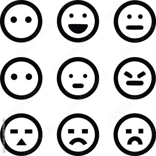 Collection of expressive emoji faces showing a range of emotions from happy to angry.