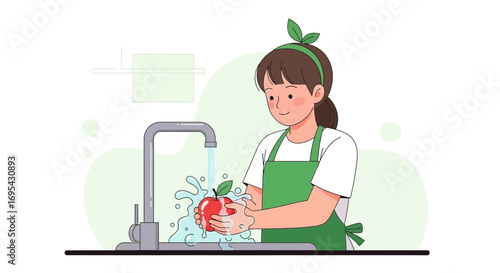 Woman Washing Apple Under Faucet In Kitchen With Green Apron And Headband