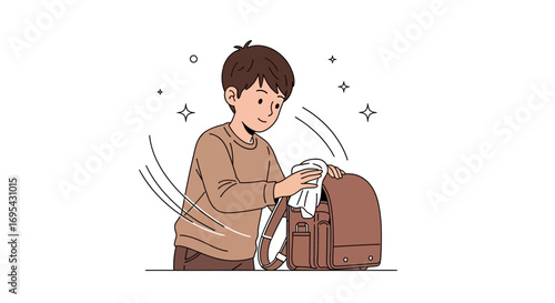 Young Boy Cleaning Backpack, Illustrating Tidiness and Responsibility with Sparkling Effect