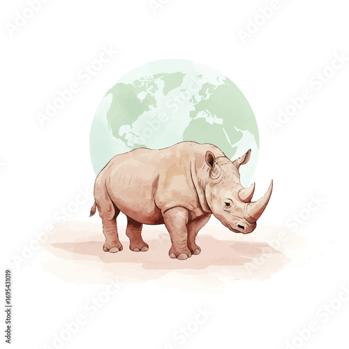 Elegant watercolor rhino illustration with world map background, perfect for conservation projects, World Rhino Day