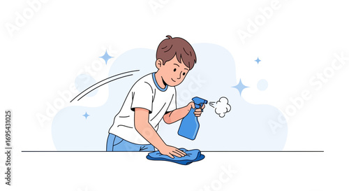 Young Boy Doing Household Chores of Polishing a Surface, a Clean Illustration