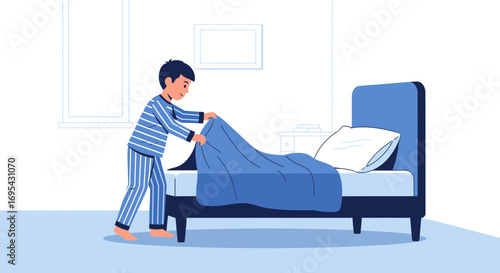 Young Boy Making His Bed, Bedroom Interior, Everyday Routine, Cozy Morning
