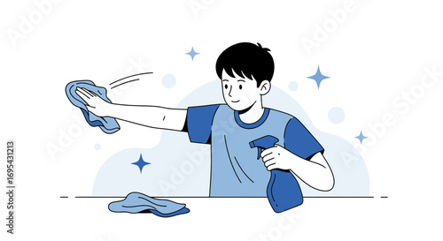 Young Male Effortlessly Cleans Surfaces With Blue Cleaning Supplies In A Drawn Portrayal