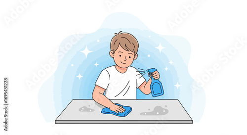 Young Man Cleans Surface With Spray Bottle And A Cloth Preparing For Cleanliness