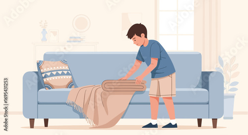 Young Person Arranging Blanket on Sofa in a Contemporary Style Room Setting