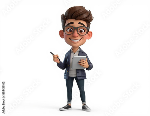3D Cartoon Character Holding Tablet and Stylus on White Background  
