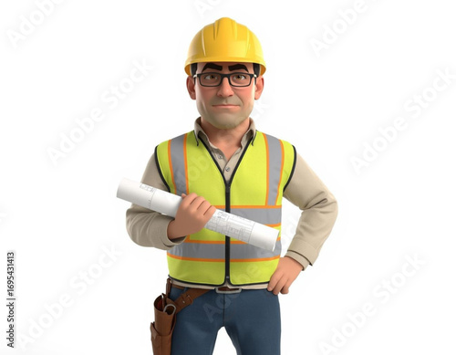 3D Character Construction Worker Holding Blueprints on White Background  
