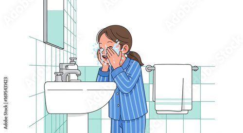Young Woman Gently Washing Her Face Near a Sink in a Bathroom