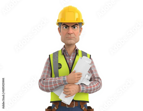 3D Character Construction Worker Holding Blueprints on White Background  
