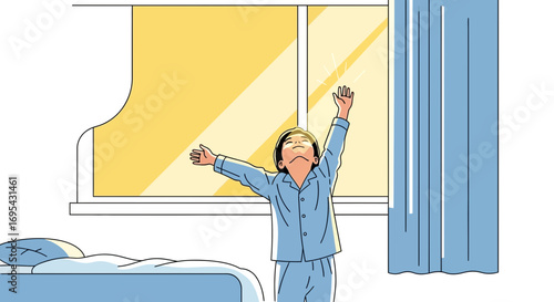 Youngster Awakening, Embracing Sunshine, Starting Day With Excitement In The Morning