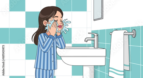 Young Woman Washing Her Face in a Bathroom, Daily Routine Hygiene Procedure