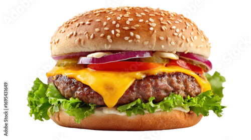 Classic cheeseburger with sesame bun Transparent background, PNG file