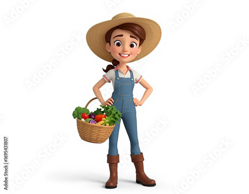 3D Cartoon Character Farmer Holding Basket of Vegetables on White Background  
