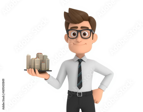 3D Character Architect Holding Building Model on White Background  
