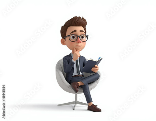 3D Cartoon Character Sitting with Notebook and Pen on White Background  
